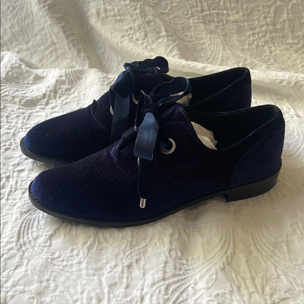 Shellys London Blue Velvet Loafers with Ribbon Laces